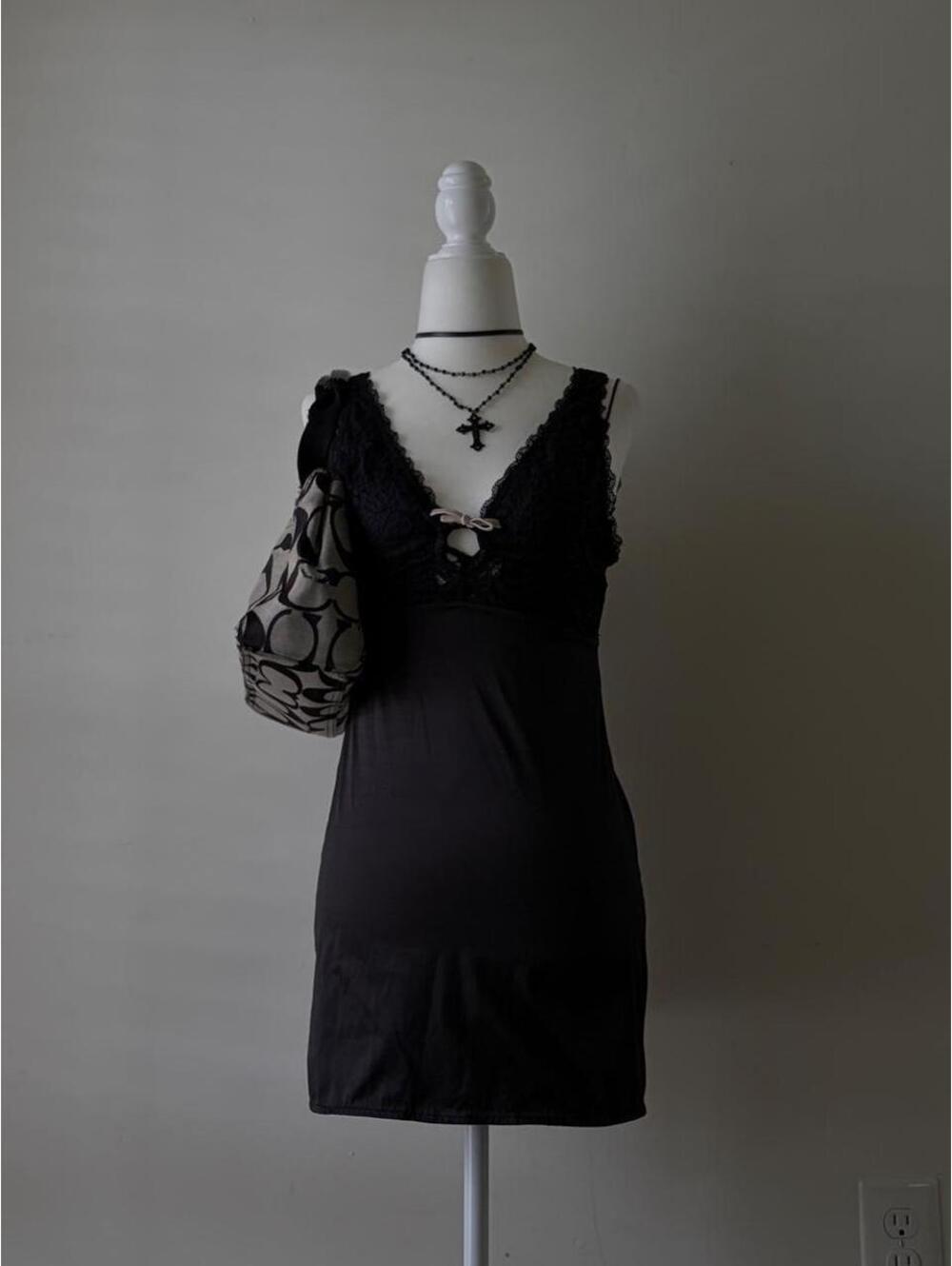 Y2K Forever 21 Black Lace Pink Bow Lingerie Slip Mini Dress
